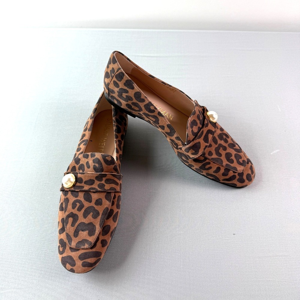 Stuart Weitzman Payson Loafers Pearl Leopard Brown Suede Flats Slip-On Sz 9.5B